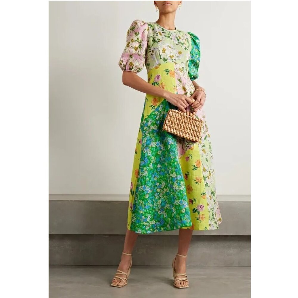 ALÉMAIS Kenzie Patchwork Printed Linen Midi Dress / Size 4 / Multi Floral